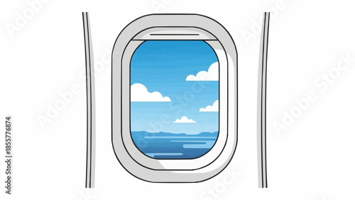 Airplane window view of the ocean and sky with clouds.