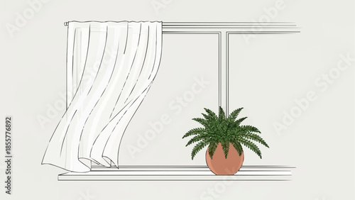 A potted plant sits on a windowsill next to a flowing curtain.