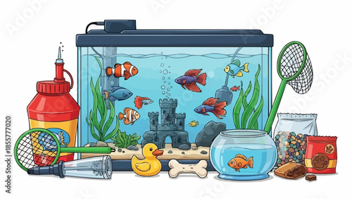 Aquarium setup with fish and accessories illustration.