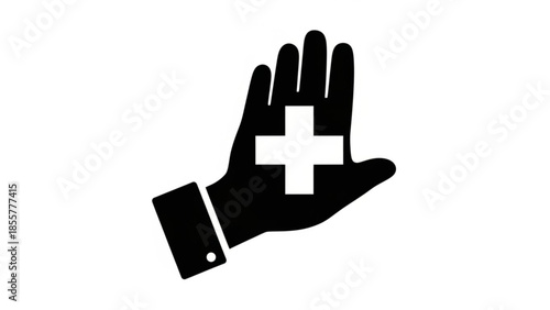 A hand with a cross symbol on the palm, representing care and assistance.