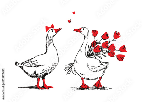 Romantic goose couple for textile design, Valentine cute duck card print. Farm Birds in love. Happy Valentines day. Cute duckling AI Generated