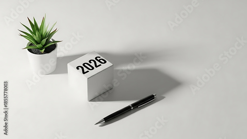 White cube with number 2026 on a light background, symbolizing new year or future plans
