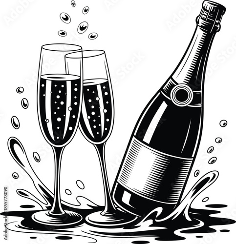 Elegant celebration champagne bottle and two sparkling flutes with dynamic splash