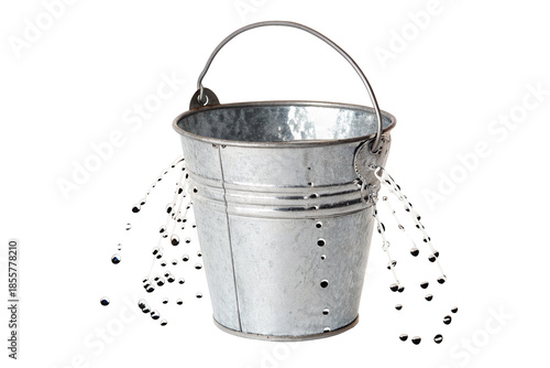Leaking metal bucket with water pouring out