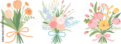 Colorful Spring Wildflower Bouquet Set With Ribbons and Bows for Wedding Invitations and Floral Greeting Cards