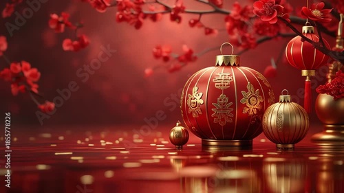 Red Festive Ornament Scene with Soft Lighting and Elegant Atmosphere