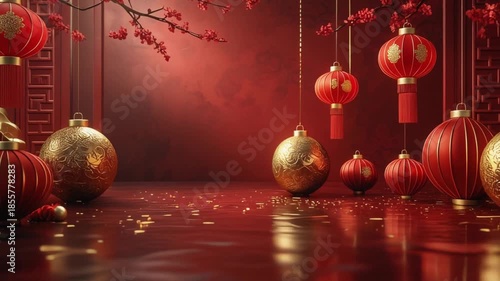 Elegant Red Background with Traditional Hanging Decorations