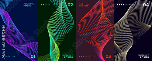 Abstract Gradient Thin Wavy Lines Posters Set. Futuristic backgrounds with vibrant line patterns for creative graphic design. Vector illustration.	
