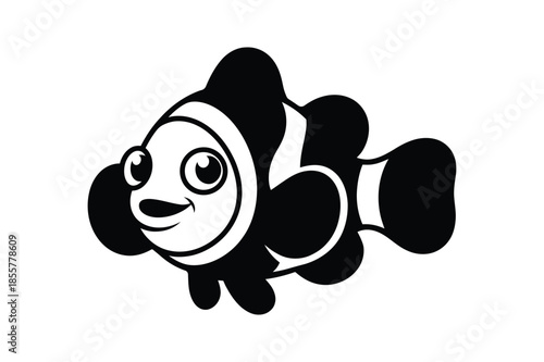  cartoon clownfish vector illustration with big eyes, smiling face, and bold black white stripes for kids and decor.
