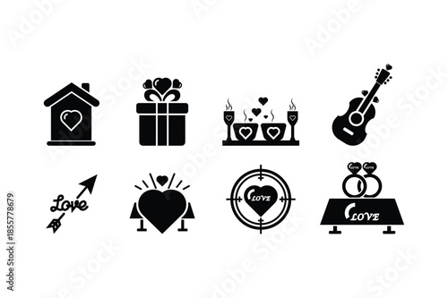  romantic love icons set with hearts, gifts, dinner, rings, and valentine symbols in black silhouette vector style