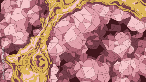 Abstract illustration depicting sparkling pink geode crystals with flowing golden mineral layers, a dynamic and intricate natural texture.