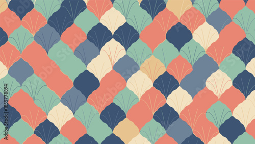 Abstract seamless pattern featuring colorful fan and shell-like shapes with subtle torn paper texture, ideal for modern decorative backgrounds.