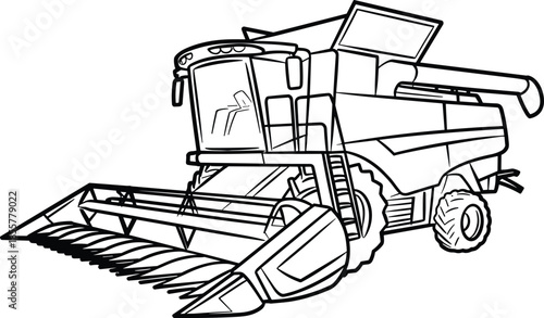 Modern combine harvester illustration, detailed agricultural machine vector, farming equipment design, crop harvesting technology, agriculture machinery outline, black and white drawing