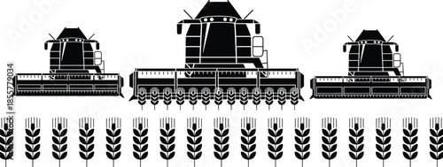 Modern combine harvesters working in wheat field, agricultural machinery concept, farming equipment illustration, crop harvesting technology and agribusiness industry design