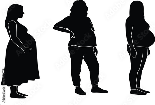 Black silhouettes of pregnant women standing in various poses, side profile and front view, motherhood, pregnancy, and maternity, isolated, white.