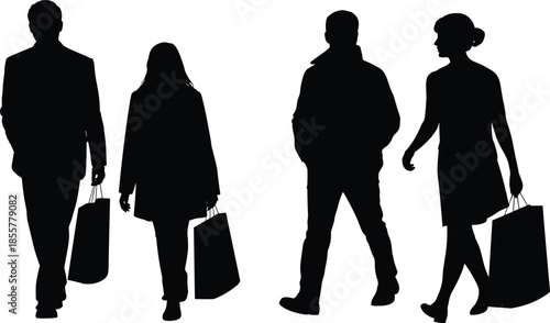 People walking with shopping bags silhouette, urban lifestyle concept, modern fashion shoppers, consumerism, retail market, city street shopping design.