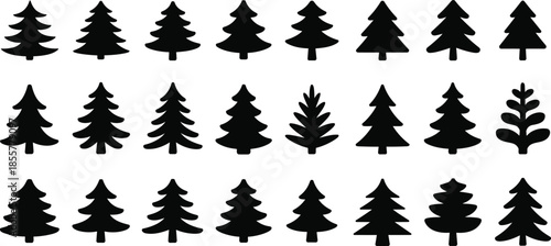 Pine tree silhouette collection, evergreen forest vector, Christmas tree design, conifer shapes illustration, nature graphic art, eco landscape element