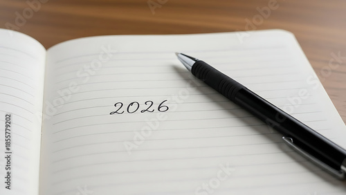Notebook with lined pages and a pen showing 2026 handwritten text, concept for future planning
