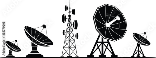 Satellite dish antenna vector illustration, communication tower design, radio signal receiver, space technology concept, telecommunication network infrastructure, data transmission symbol
