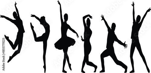 Black silhouettes of professional ballet dancers and contemporary performers in graceful artistic poses, jumping and dancing, isolated on white background.