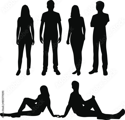 Silhouette collection of standing and sitting people, couples holding hands, modern human figures for lifestyle, relationship, friendship, and community design projects
