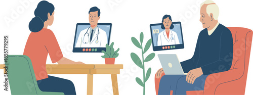Professional Telehealth Vector Illustration Featuring Patients Consulting With Doctors Remotely via Laptop and Tablet Devices