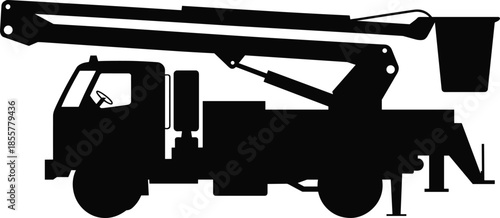 Silhouette of bucket truck vehicle with hydraulic lift, utility maintenance truck illustration, construction service equipment, industrial work transportation design