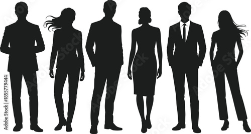 Silhouette of business people group standing, professional men and women team in formal attire, corporate teamwork, leadership, success concept illustration