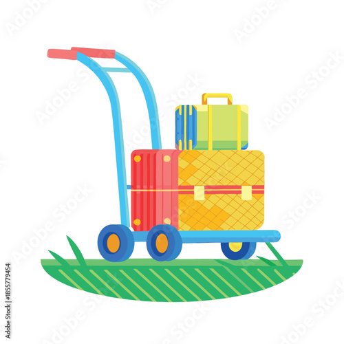 A colorful luggage cart is loaded with several suitcases on a grassy area.