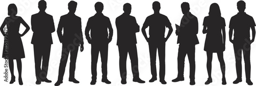 Silhouette of business people standing together, teamwork concept, professional group, leadership, unity, corporate collaboration, confidence, success, and diversity.