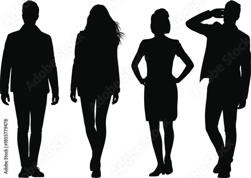 Silhouette of business people standing, professional men and women posing, teamwork concept, corporate office illustration, leadership and success concept design