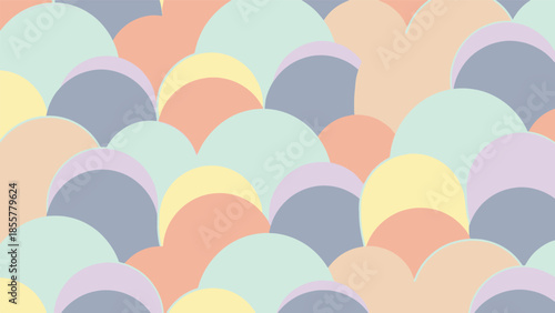 Seamless abstract pattern of overlapping pastel colored scallop shapes creating a gentle and decorative background illustration