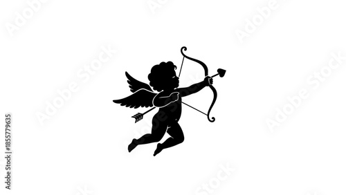 Silhouette of Cupid aiming bow and arrow, symbol of love and Valentine's Day.