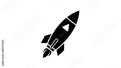 Simple black and white rocket ship icon launching into space.