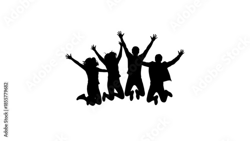 Silhouette of four people jumping with joy and excitement on white background.