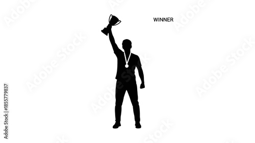 Silhouette of a man holding a trophy overhead after winning.