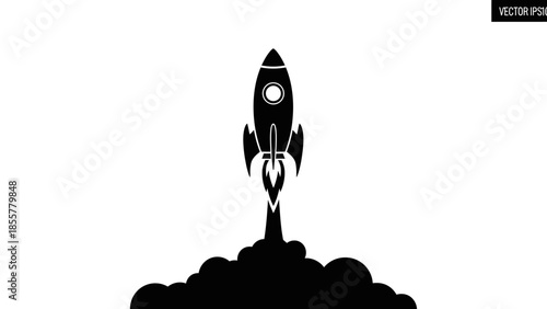 Black and white vector illustration of a rocket launching into space.