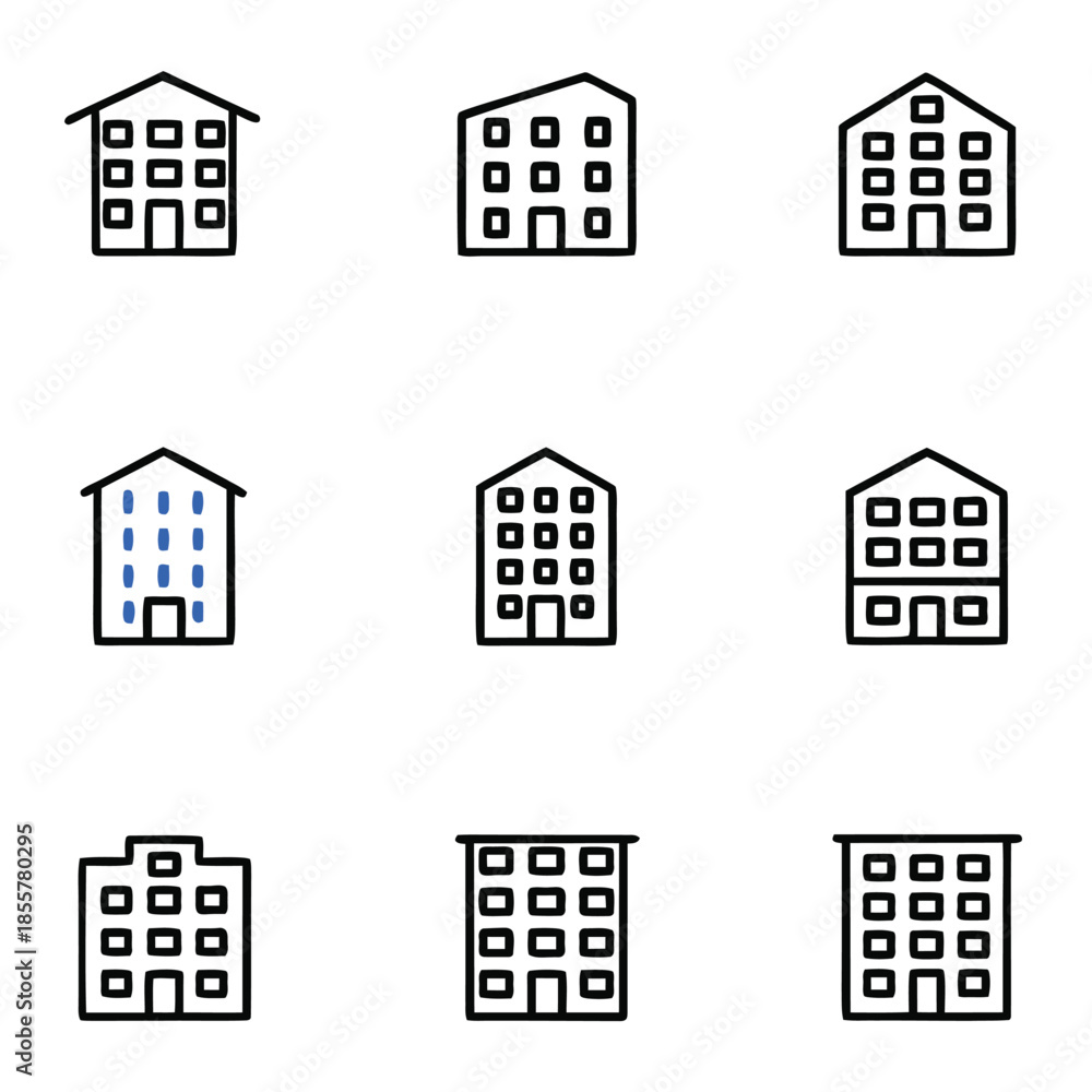Fototapeta premium A collection of simple, modern line-art icons depicting various residential and commercial buildings.