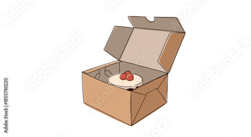 Open kraft paper dessert box with a cake topped with strawberries, isolated on a white background