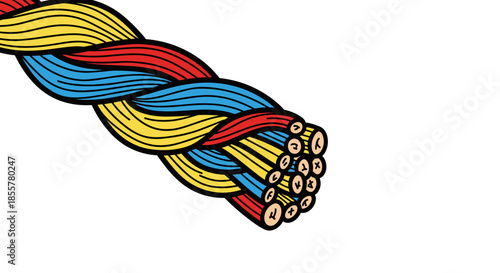 Colorful twisted cord end with exposed wires isolated on white background, showcasing intricate braided design in red, blue, and yellow hues