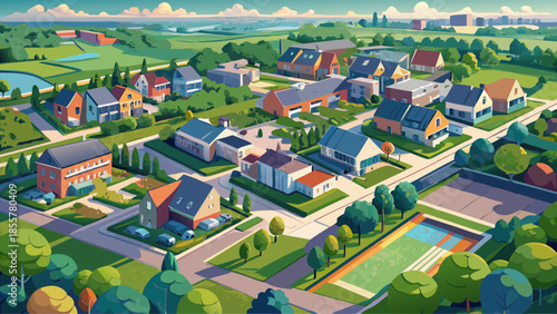 Very beautiful aerial view of a newly completed neighborhood in Lelystad, encircled by green nature, modern homes, open spaces, and thoughtful urban planning under soft summer light.
