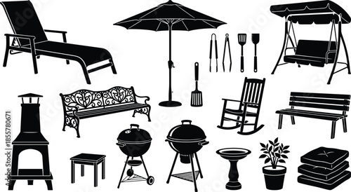 Collection of black silhouettes featuring outdoor patio furniture like garden benches, barbecue grills, sun lounger, umbrella, rocking chair, and fireplace.