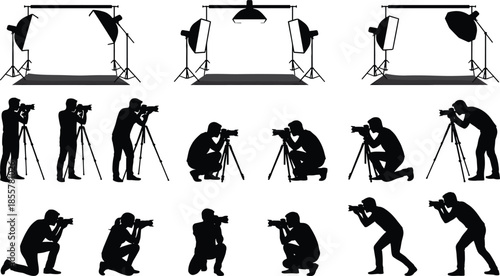Collection of black silhouettes featuring professional photographers with cameras, tripods, and various studio lighting equipment setups on a white background.