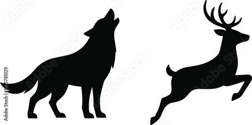 Black, howling, wolf, and, jumping, deer, silhouettes, set, isolated, on, white, background, wild, animal, nature, vector, icons, for, hunting, design.