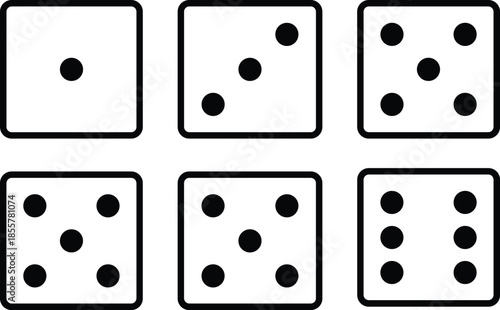 Set of minimalist black and white flat vector dice icons showing different faces for gambling, board games, luck, and gaming.