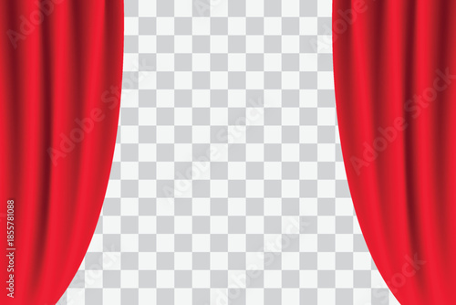 Red curtains realistic. Theater fabric silk decoration. Curtains and draperies interior decoration.