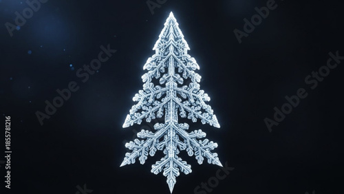 Detailed image of a snowflake in the shape of a christmas tree on a dark background with intricate patterns and delicate crystal structures visible
