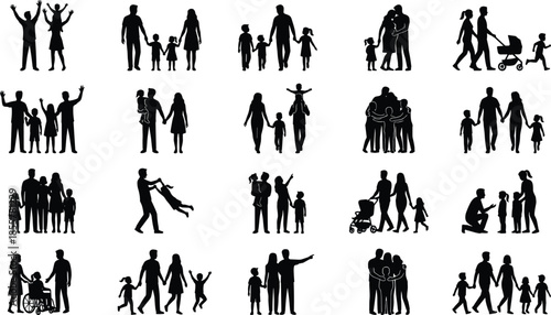 Collection of Happy Family Silhouettes, Parents with Children, Strollers, Wheelchair, and Diverse Groups Walking, Playing, and Holding Hands for Vector Design