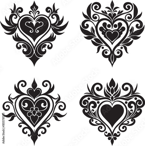 Filigree Heart Black White Stock vector, design, vintage, floral, heart, art, leaf, love, element, decoration, flower, wallpaper, ornate, border
