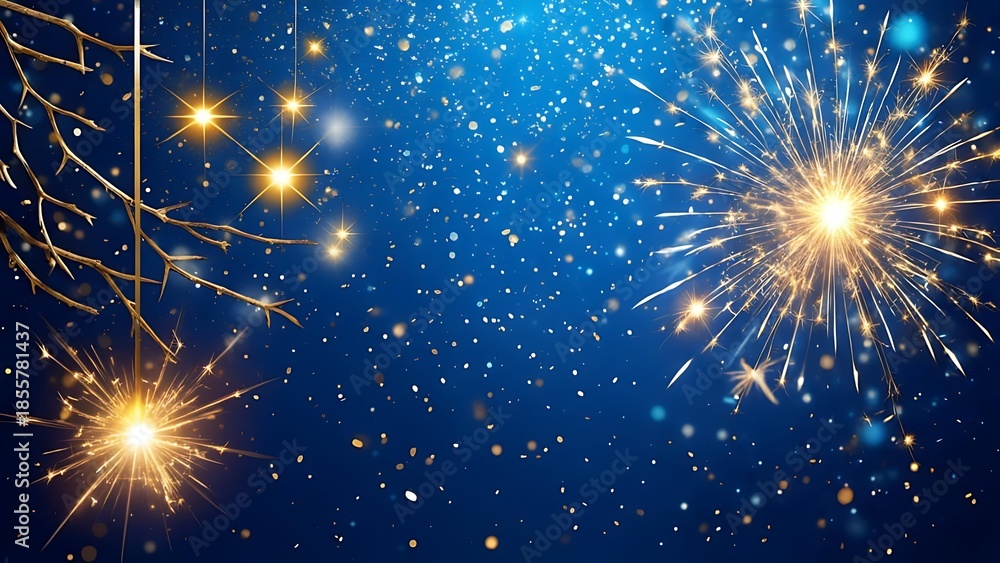 Fototapeta premium Sparkling image against a deep blue backdrop. Twinkling lights and fireworks create a festive glow with golden accents